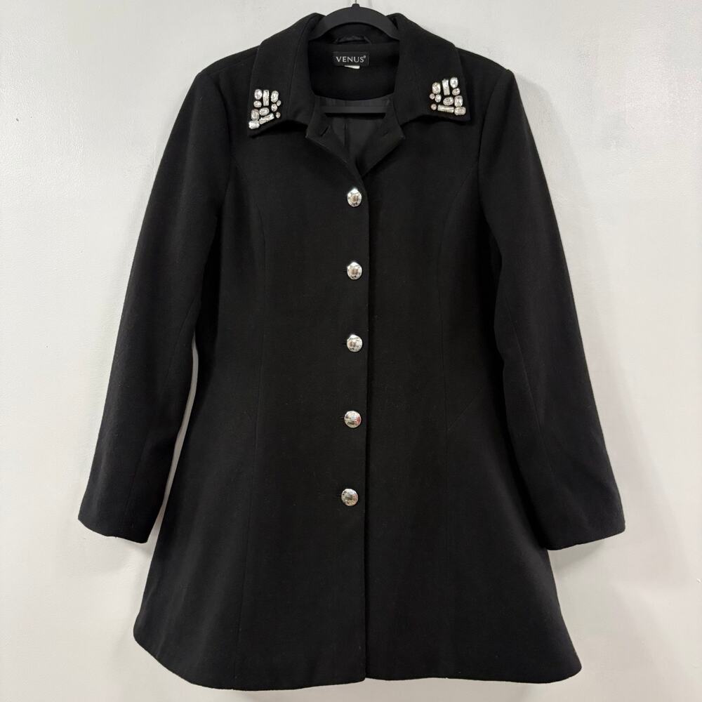 VENUS Womens L 12/14 Black Rhinestone Collar Fit Flare Coat Silver Button Dressy